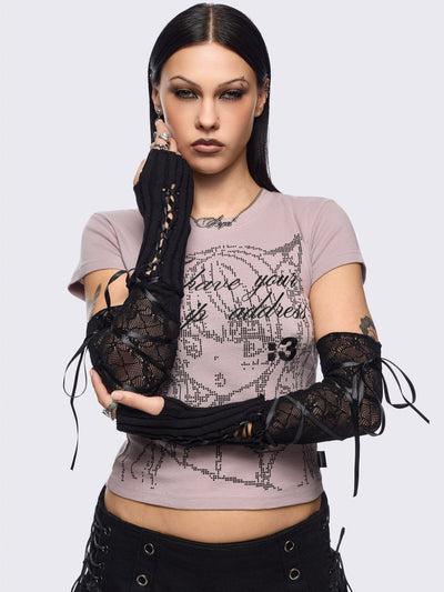 Black knit arm warmers featuring fishnet layer and lace up details.