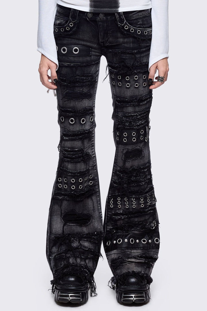 Flared Distressed Jeans with Shredded, Eyelets and Studs | Minga