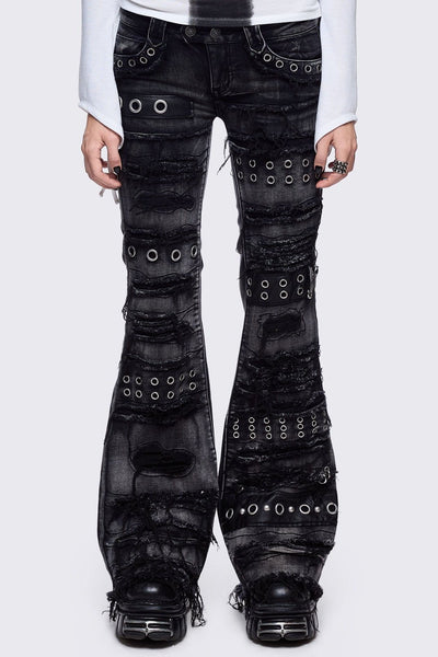 パンツ grim crawler destroyed flare jeans size1 Flared Distressed Jeans with Shredded, Eyelets and Studs | Minga