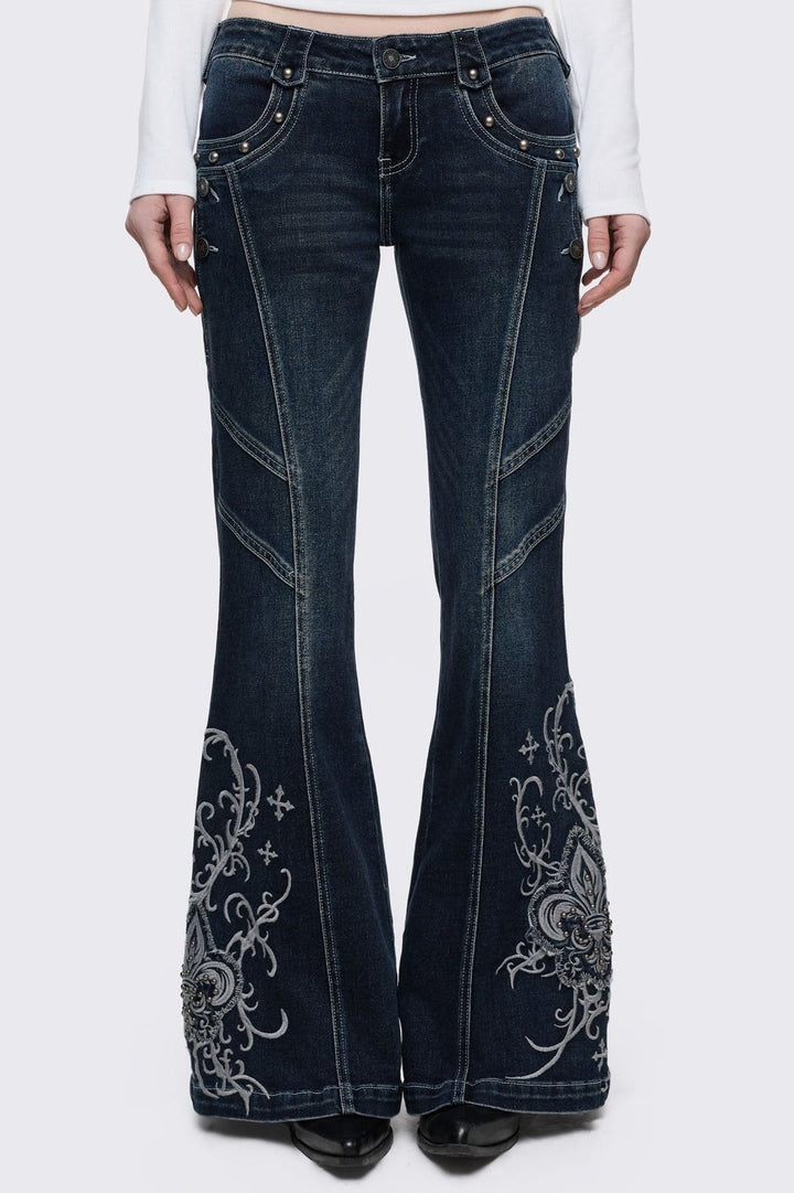 パンツ archive Lolita jeans black flare denim Dark Blue Wash Gothic Embroidered Flared Jeans | Minga London