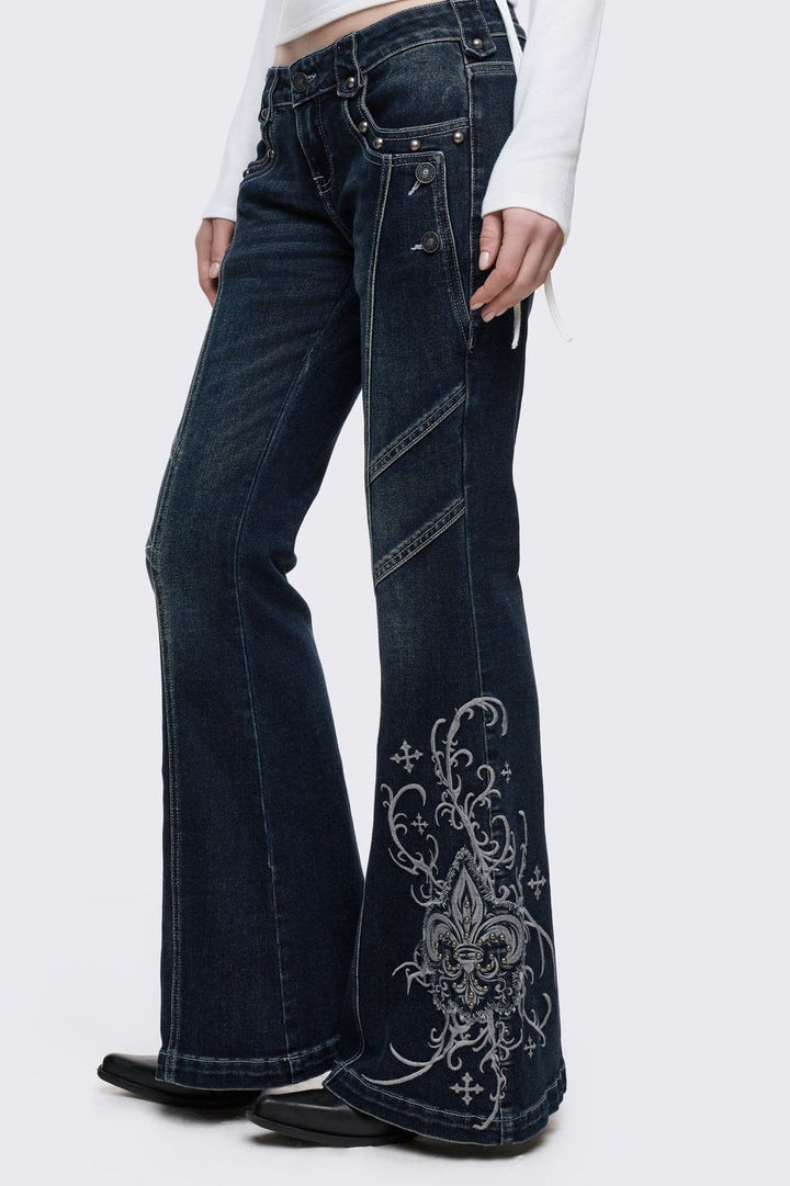 Dark Blue Wash Gothic Embroidered Flared Jeans | Minga London