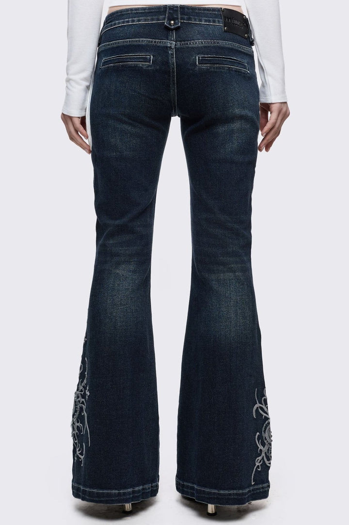Dark Blue Wash Gothic Embroidered Flared Jeans | Minga London