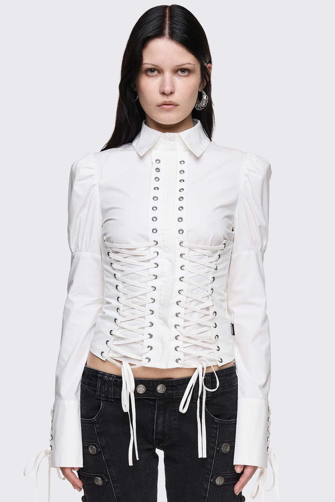 White Corset Shirt With Lace-Up Detail | Minga London