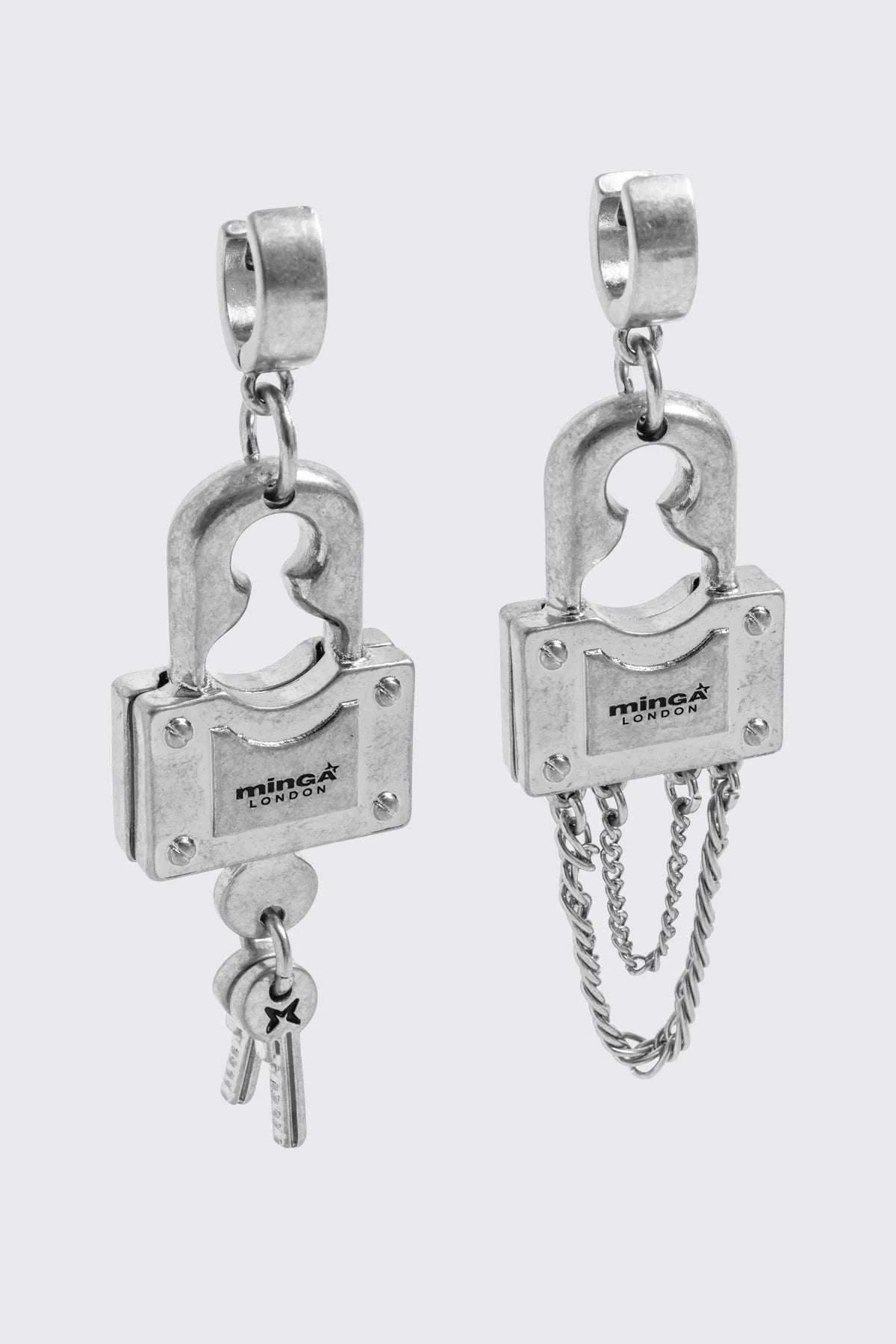 Chunky silver padlock pendant hoop earrings.