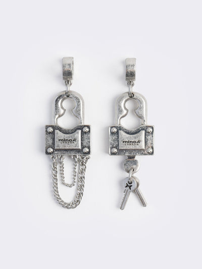 Chunky silver padlock pendant hoop earrings.