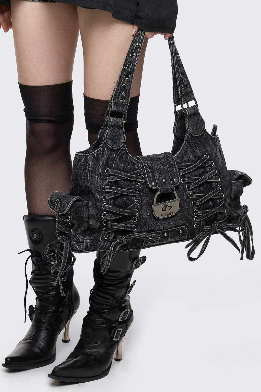 Black Denim Lace-Up Shoulder Bag | Minga London