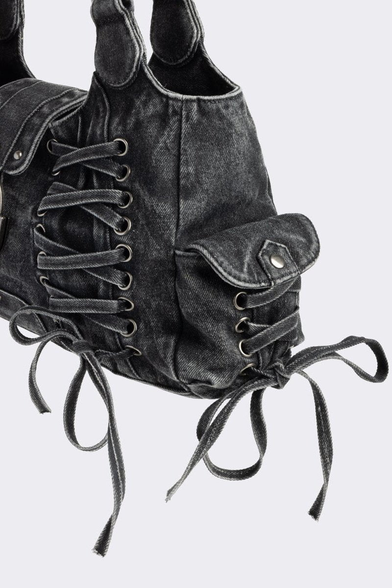 Black Denim Lace-Up Shoulder Bag | Minga London