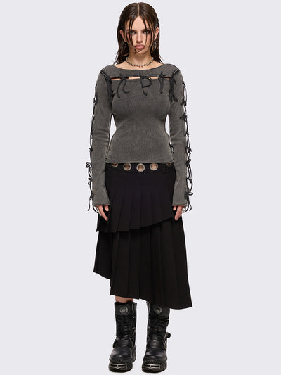 Grey washed rib top with cut-out and bow details.