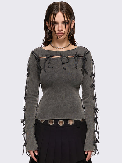 Grey washed rib top with cut-out and bow details.
