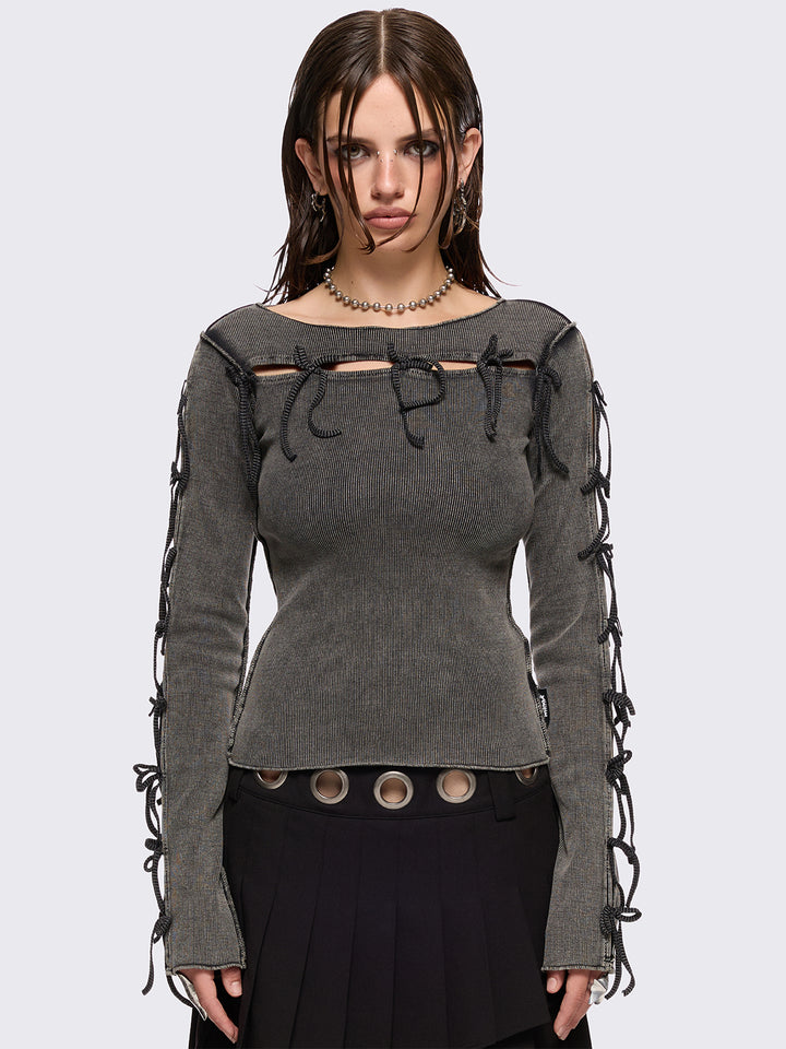 Cut-Out Bow Long Sleeve Top in Grey Washed | Minga London