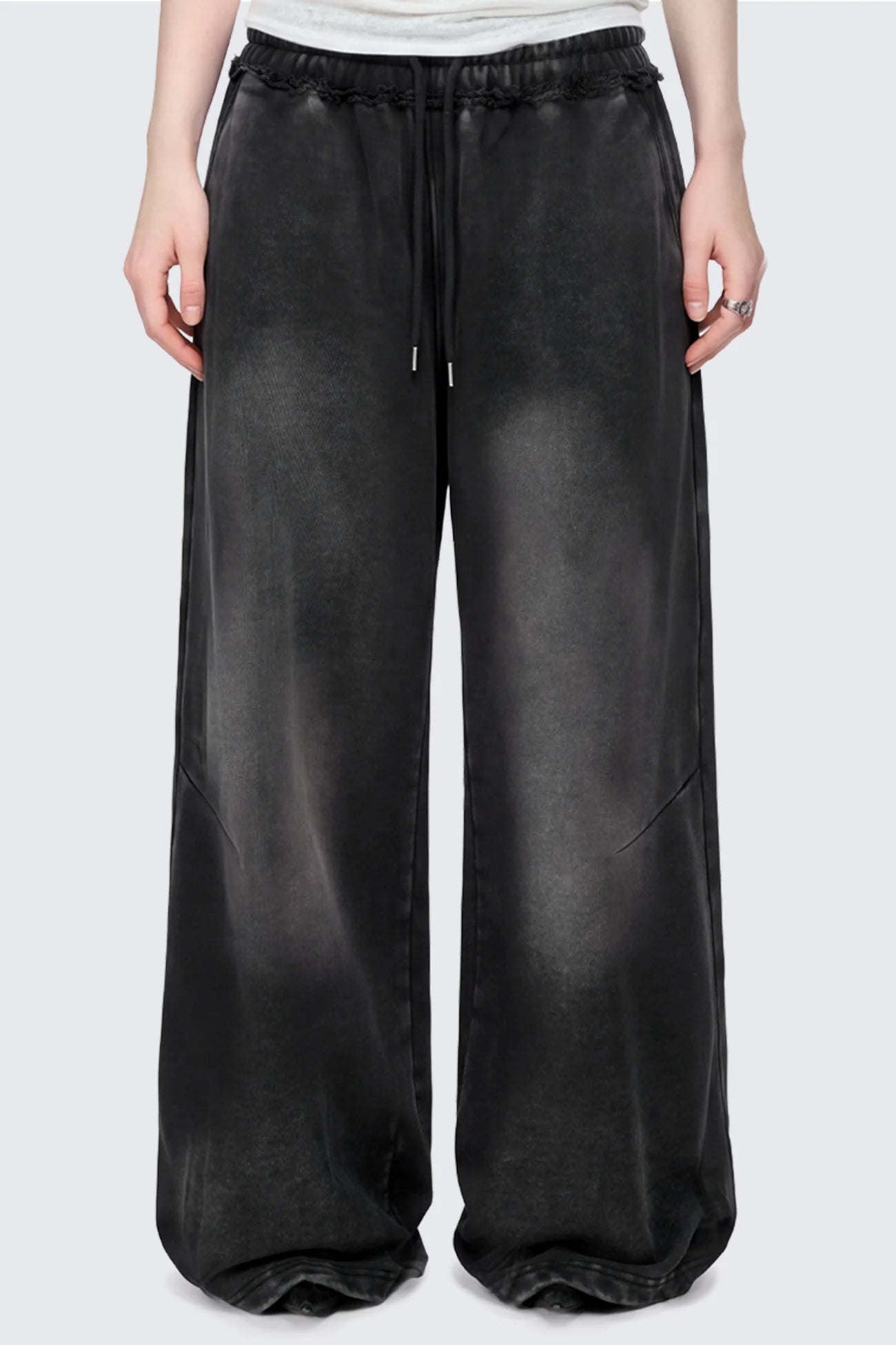 Black washed wide leg joggers with light grey overdye 
