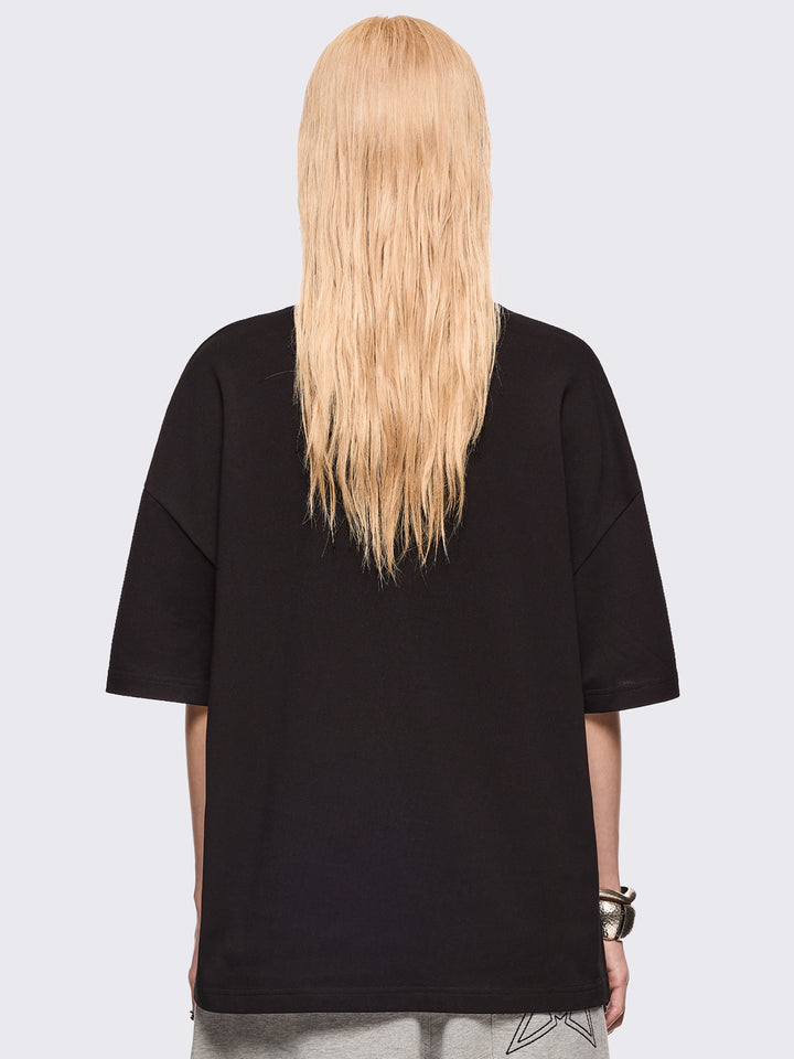 Black Oversized T-shirt with Angel Print and Pink Studs