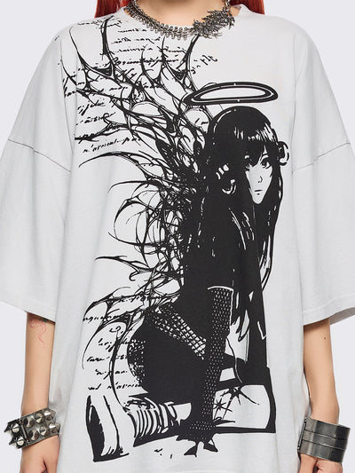 Off white t-shirt with emo girl angel graphic front print.
