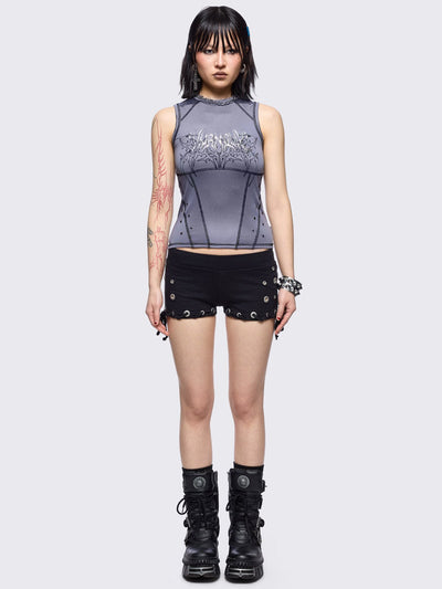 Grey vest top with metal embossed and black sigilism graphic print, stud details and black contrast stitching.