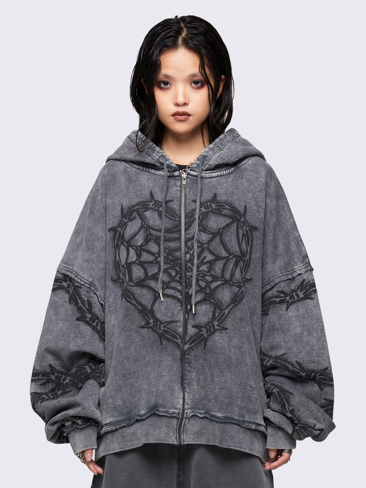Grey Barbed Wire Spiderweb Graphic Zip-Up Hoodie | Minga London