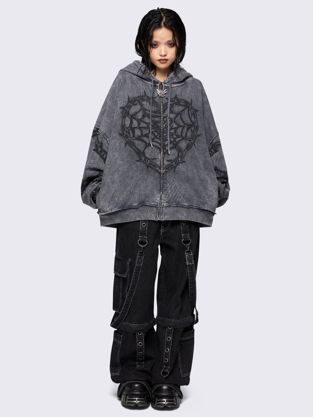Grey Barbed Wire Spiderweb Graphic Zip-Up Hoodie | Minga London