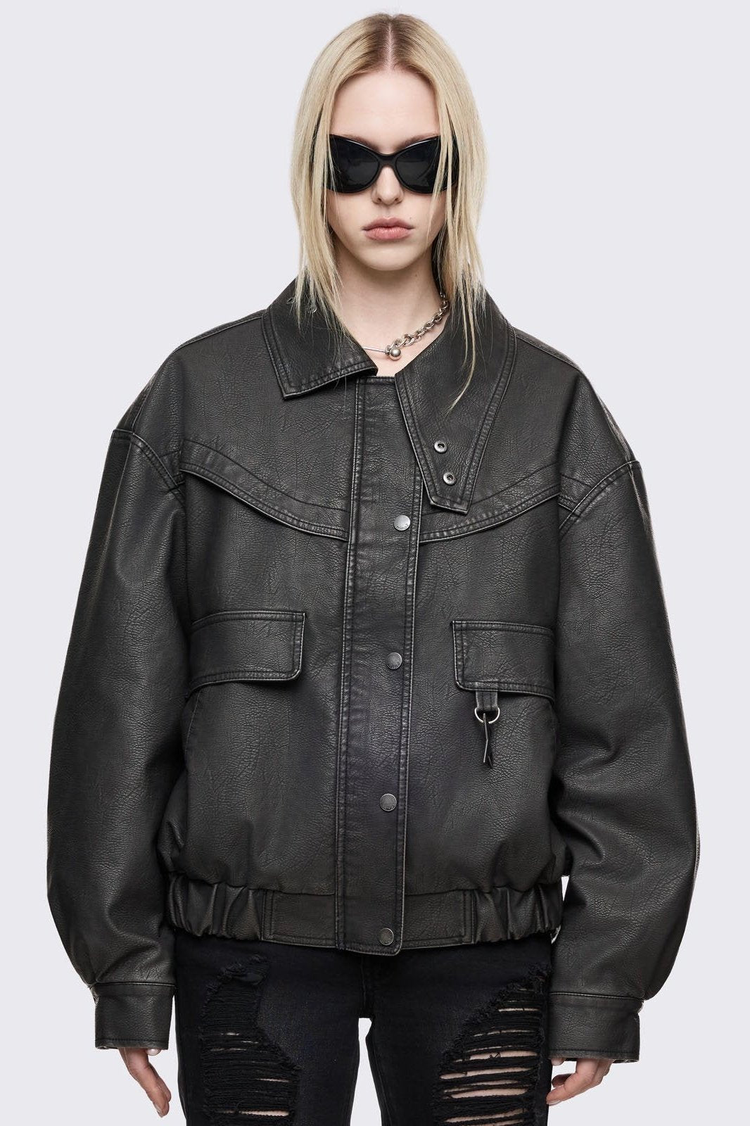 Black Vegan Leather Bomber Jacket | Minga London