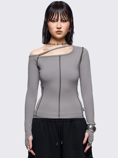 Grey cold shoulder top with cut out details and black contrast stitching.