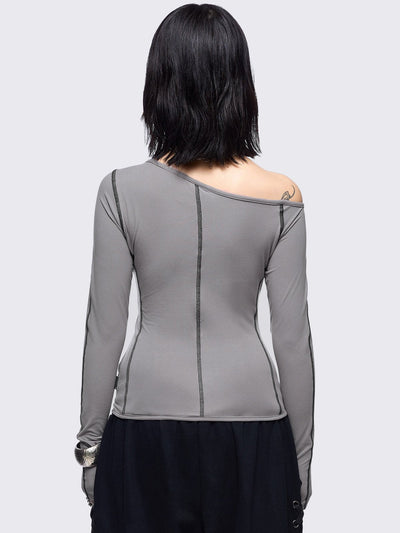 Grey cold shoulder top with cut out details and black contrast stitching.