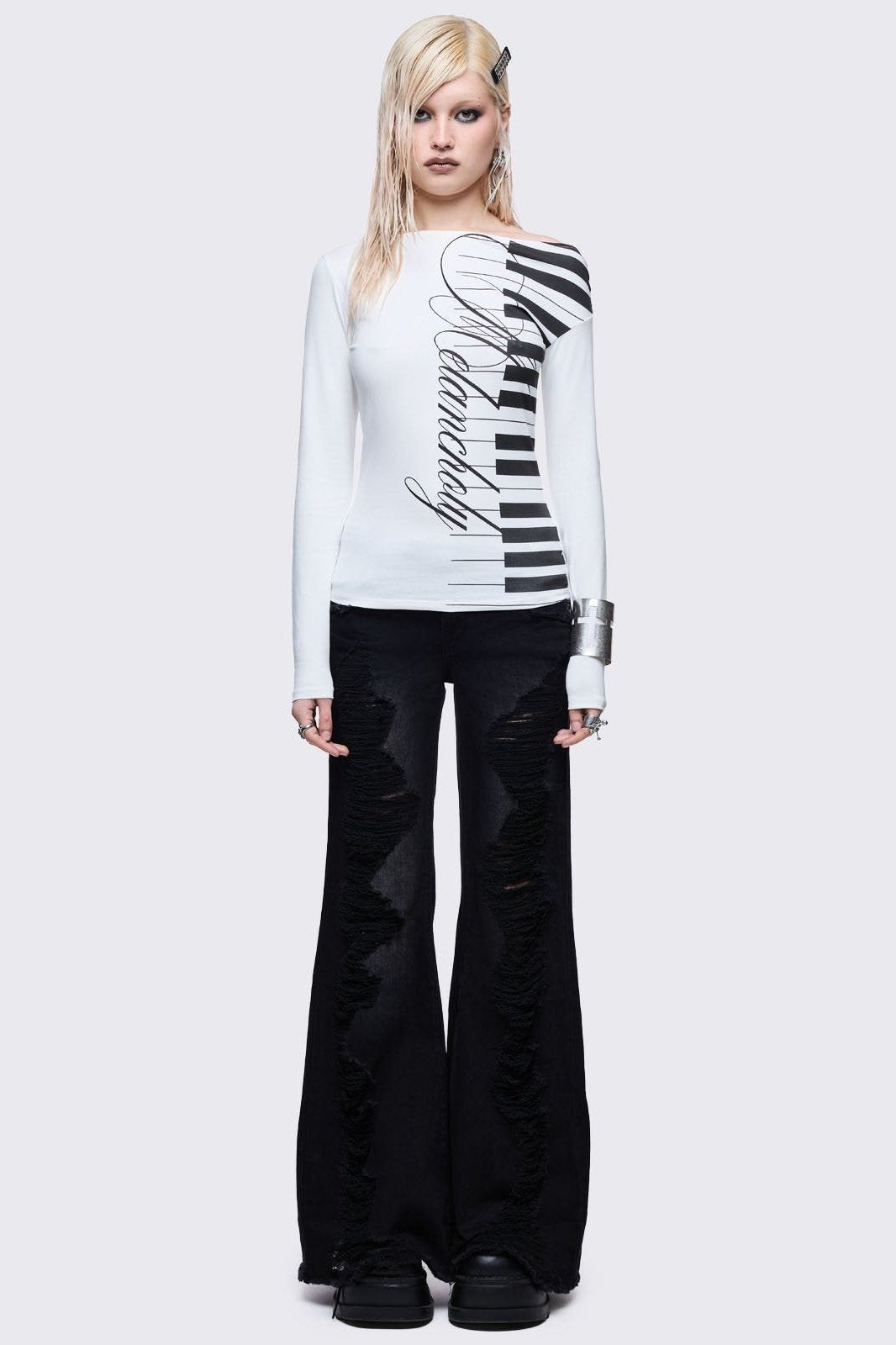 Off-Shoulder White Piano Long Sleeve Top | Minga London