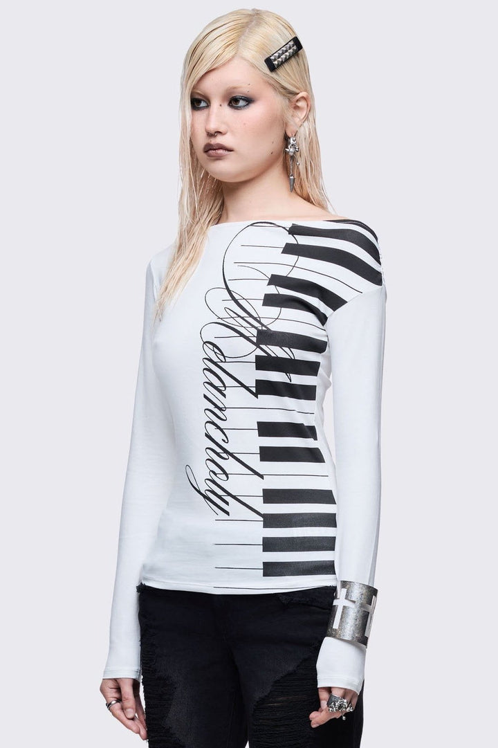 Off-Shoulder White Piano Long Sleeve Top | Minga London