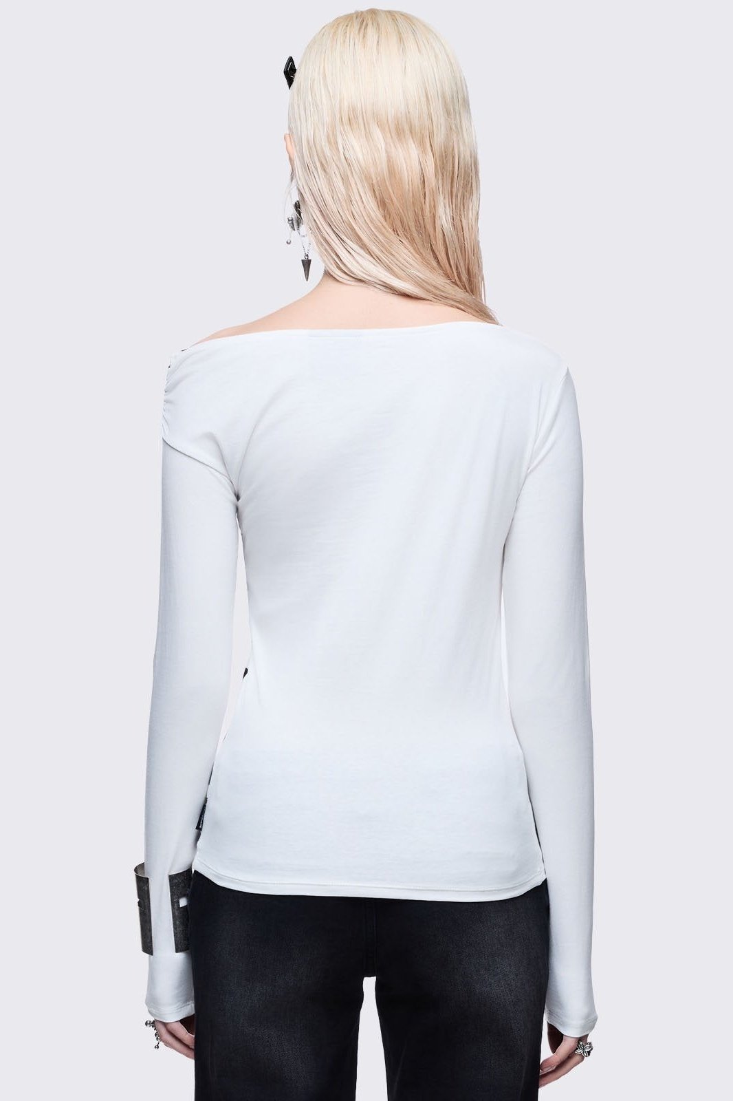 Off-Shoulder White Piano Long Sleeve Top | Minga London