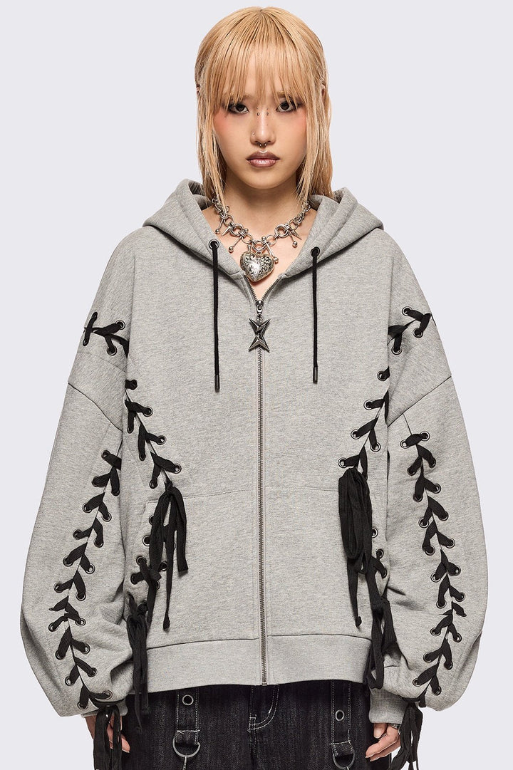 Grey Oversized Zip Up Hoodie with Black Lace Up Details | Minga London