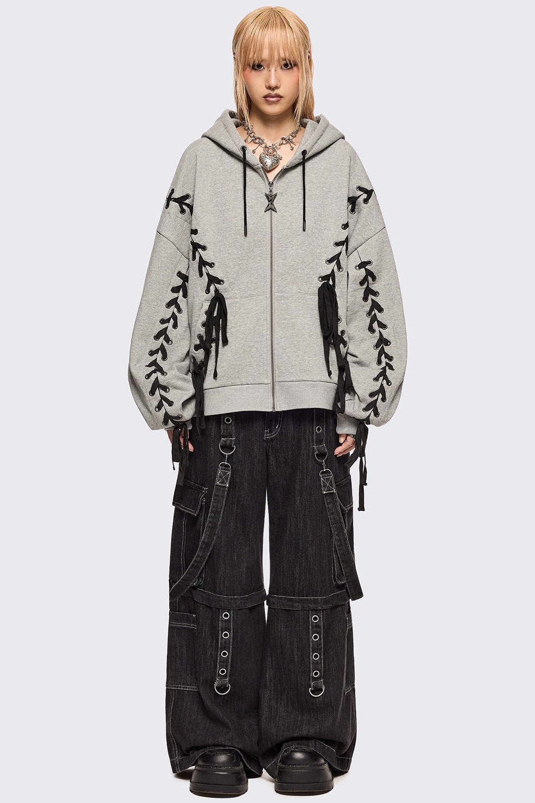 Grey Oversized Zip Up Hoodie with Black Lace Up Details | Minga London