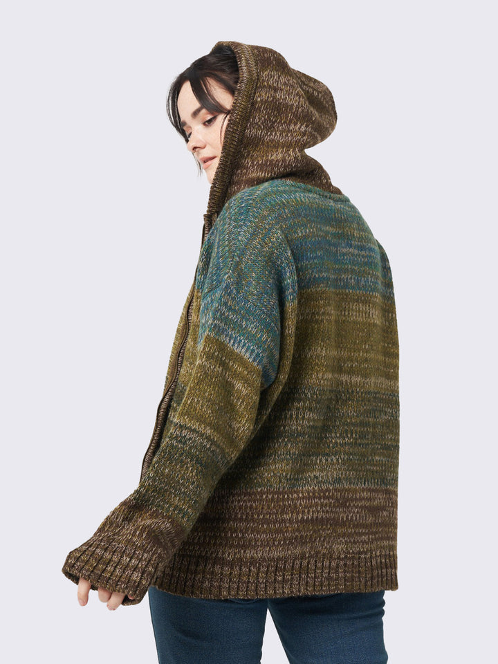 Green Oversized Striped Knitted Zip-Up Hoodie - Vintage