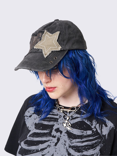 Washed Black Distressed Baseball Cap with Star Patch