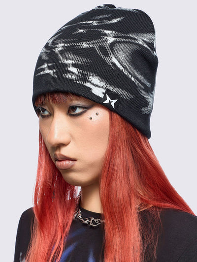 Black beanie hat featuring a graphic print by cold𝐹33t.