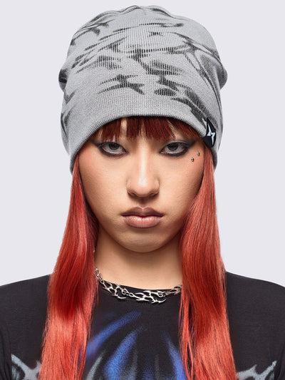 Grey beanie hat featuring a graphic print by cold𝐹33t designer.