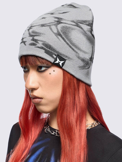 Grey beanie hat featuring a graphic print by cold𝐹33t designer.