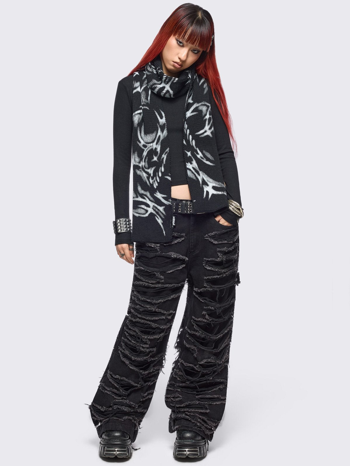 Black knitted scarf  with cyber sigilism graphic print by cold𝐹33t.