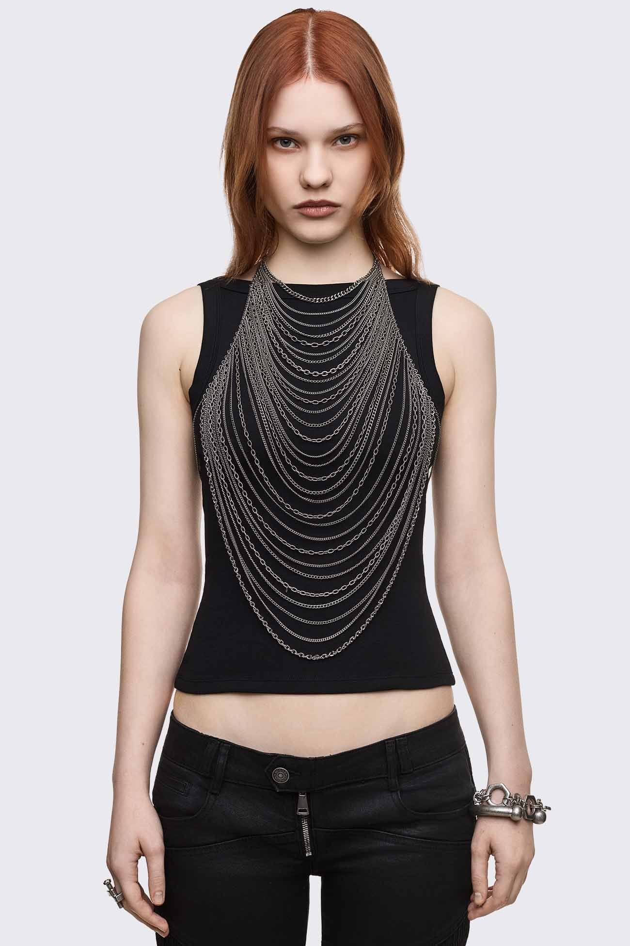 Body chain necklace in antique-silver iron with cascading mixed-link draped layers, goth-inspired statement style.