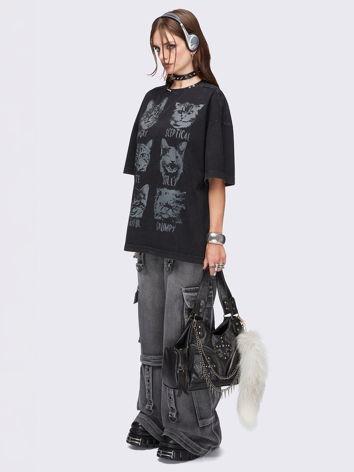 関税送料込 Minga London MOODY CATS 猫 半袖 Tシャツ ブラック moody-cats-washed-t-