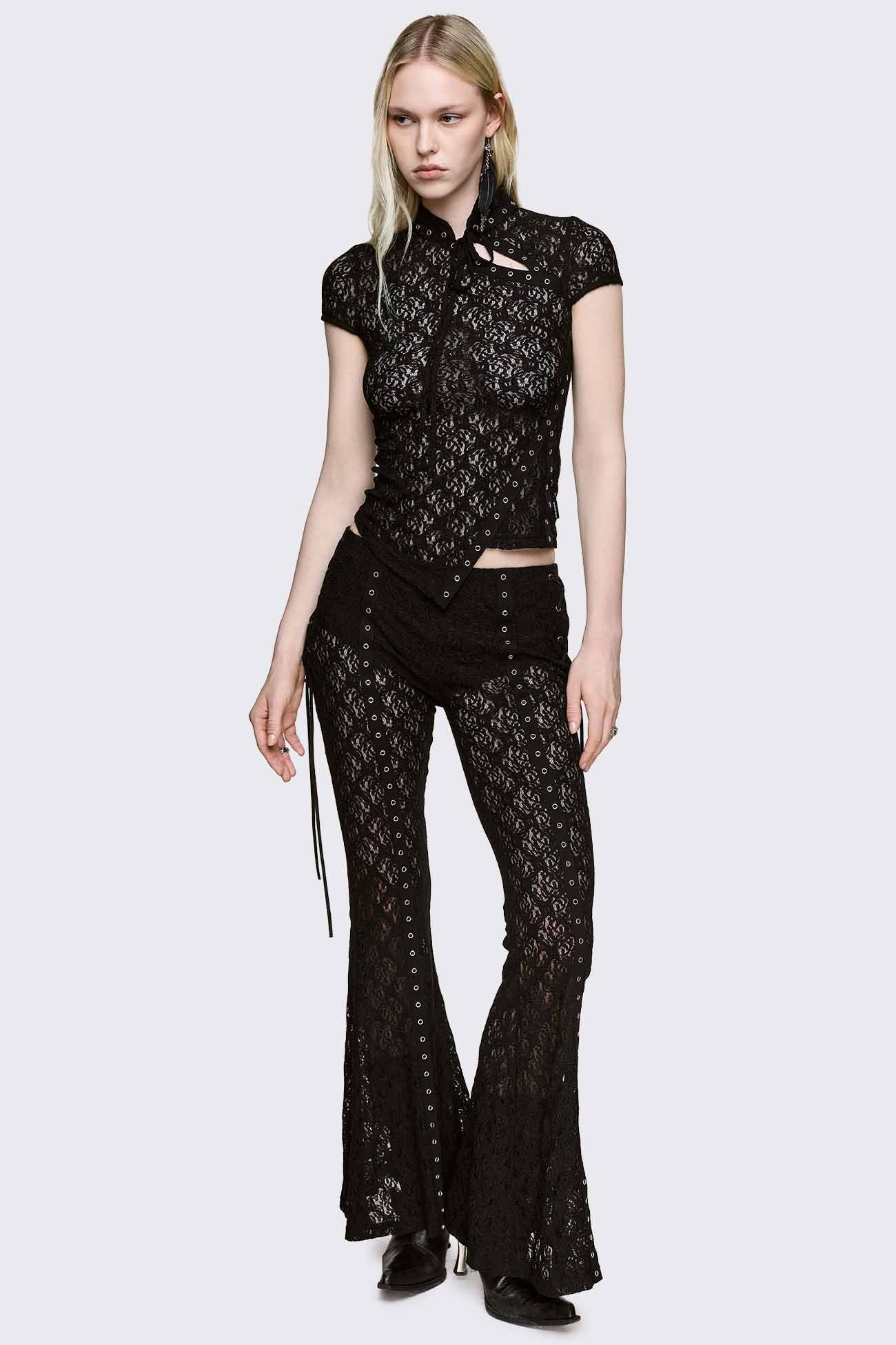 Black Lace Flared Trousers - Goth | Minga London