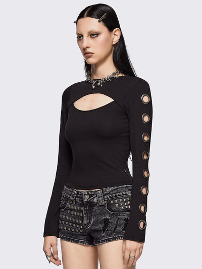 Black cut-out top with chunky silver eyelets.