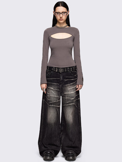 Grey cut-out long sleeve top with chunky silver eyelets on sleeves.