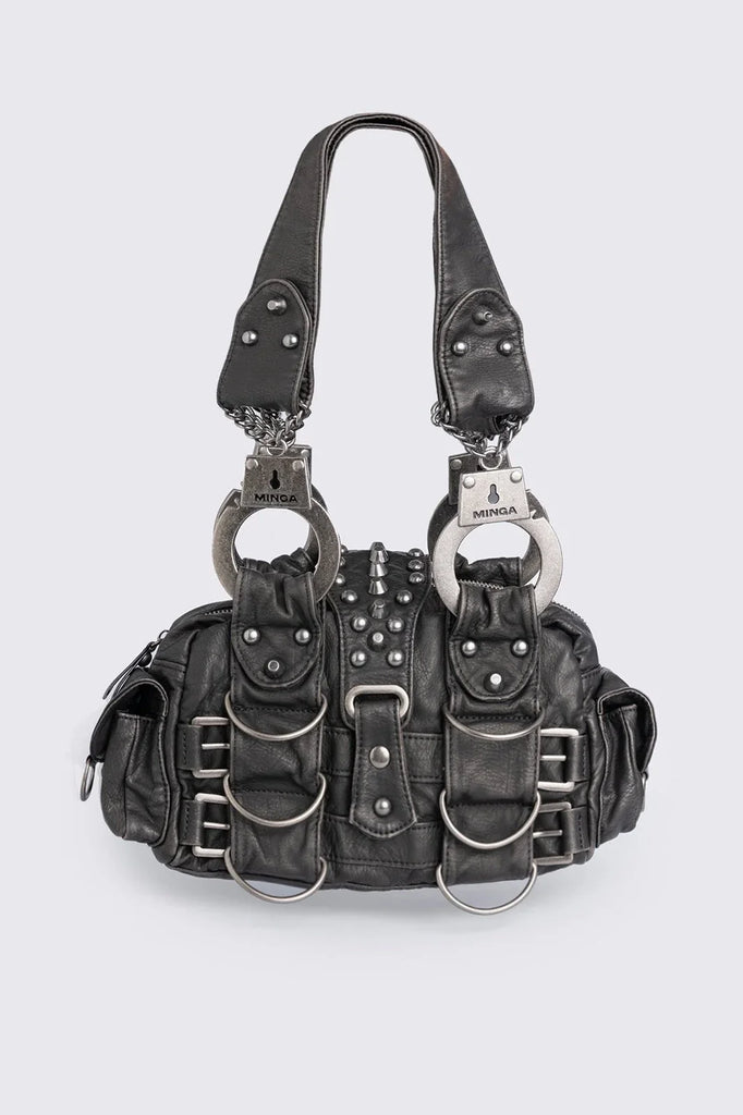 Vegan Leather Shoulder Bag with Handcuffs and Buckles | Minga London