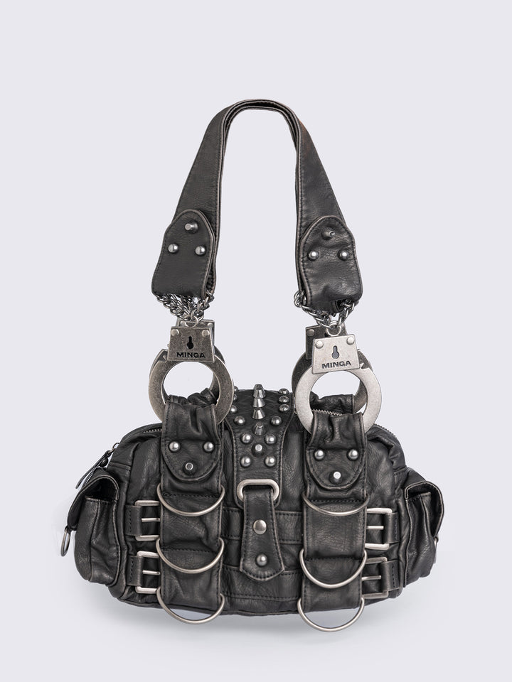 Vegan Leather Shoulder Bag with Handcuffs and Buckles | Minga London