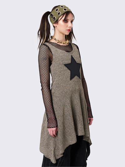 Khaki Asymmetric Knitted Dress with Black Star Patch