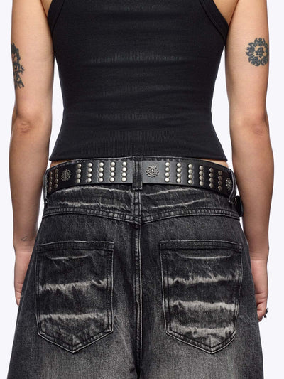 Black vegan leather belt with hardware details
