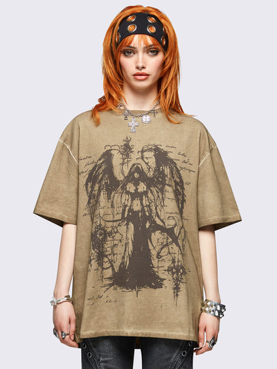 Brown washed oversized t-shirt featuring dark angel graphic front print.