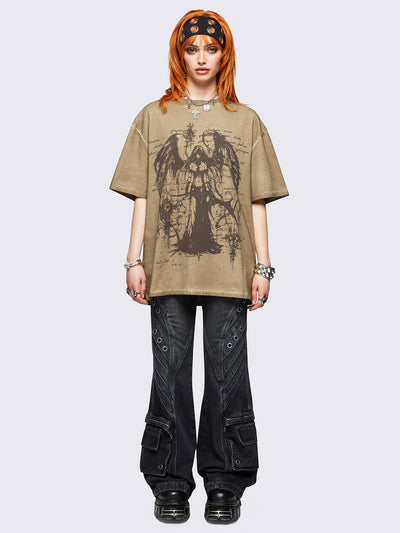 Brown washed oversized t-shirt featuring dark angel graphic front print.