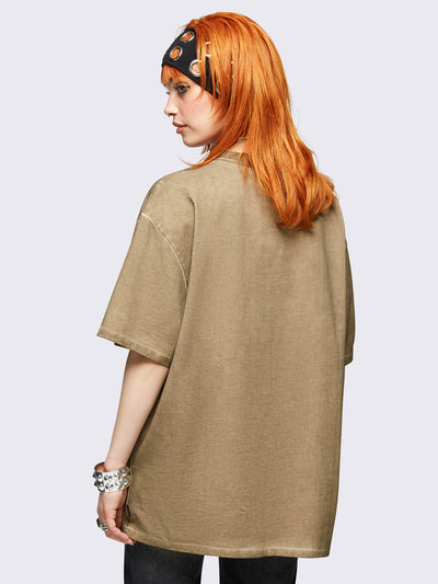 Brown washed oversized t-shirt featuring dark angel graphic front print.
