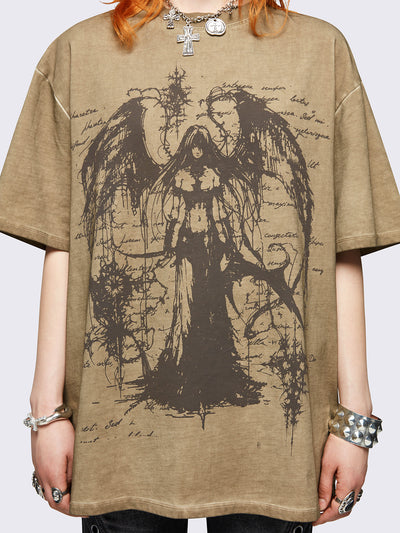 Brown washed oversized t-shirt featuring dark angel graphic front print.