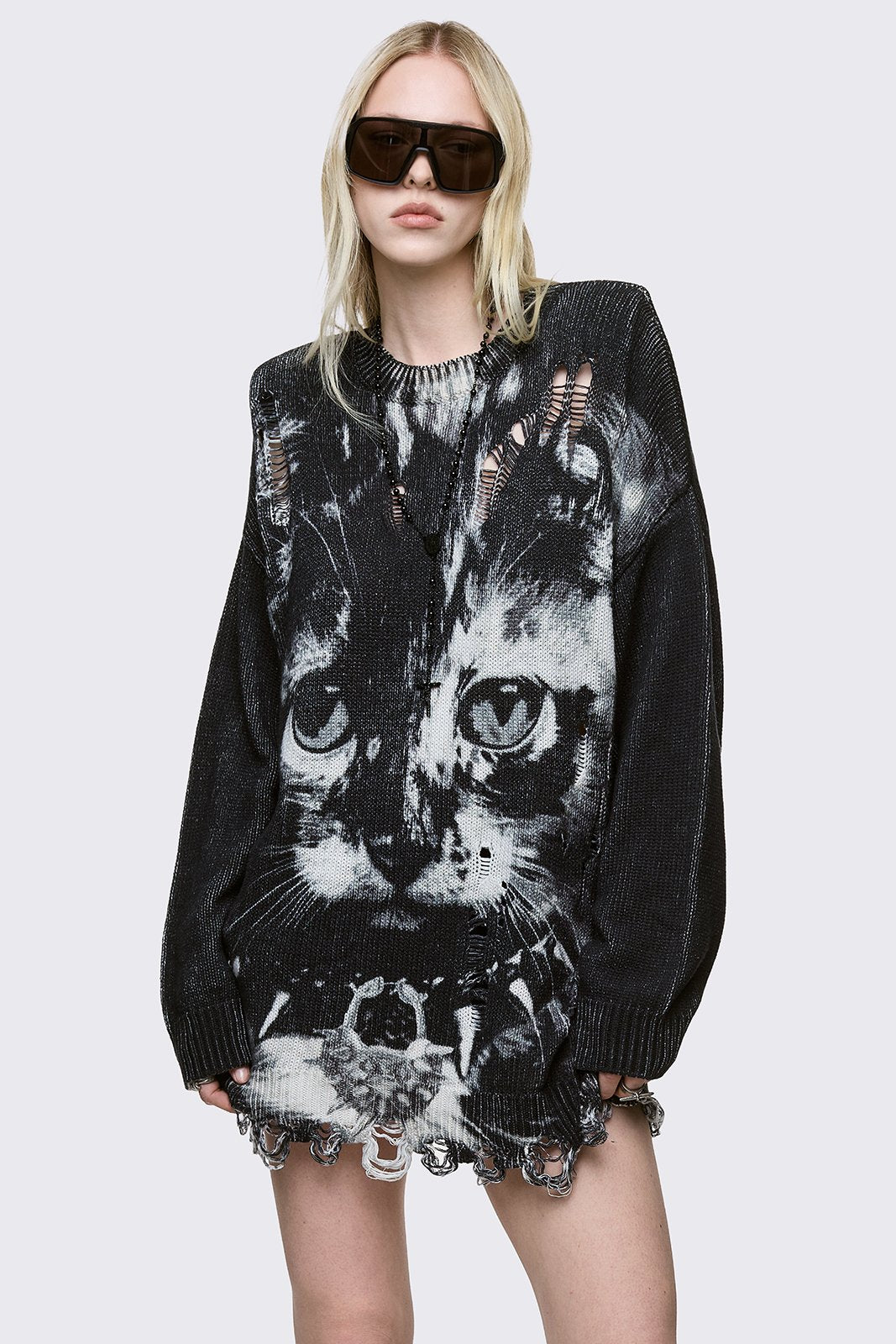 Black Distressed Oversized Sweater with Cat Jacquard | Minga London