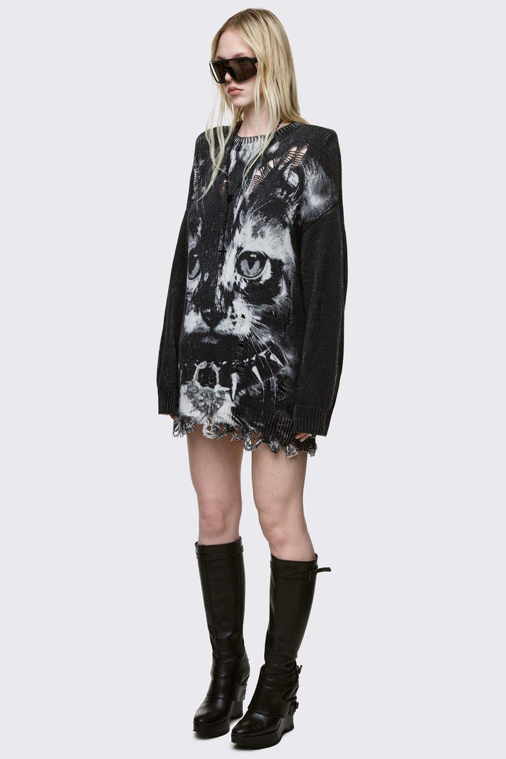 Black Distressed Oversized Sweater with Cat Jacquard | Minga London