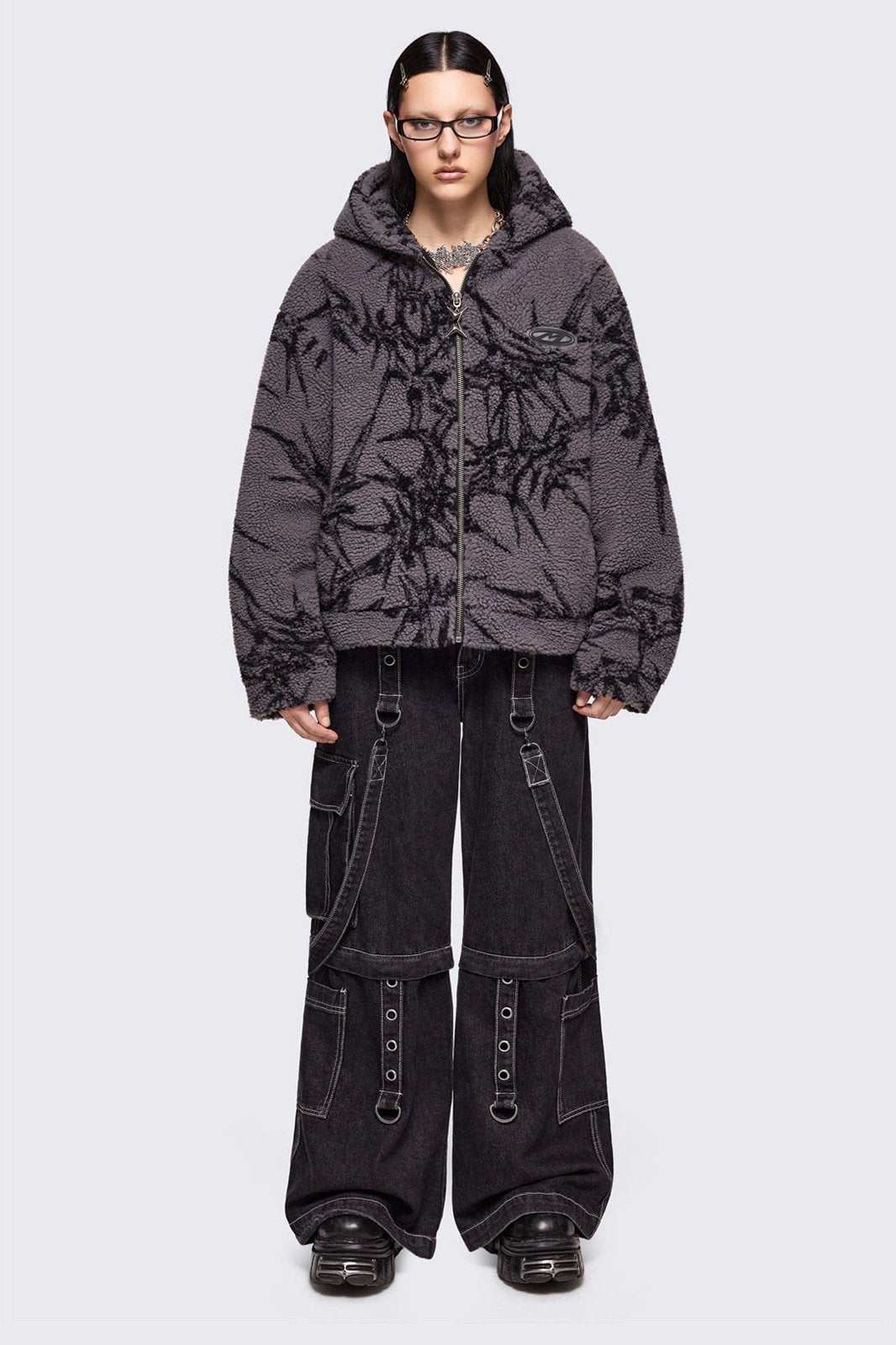 Grey Borg Fleece Jacket with Black Thorns Print | Minga London